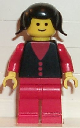 Shirt with 3 Buttons - Red, Red Arms, Red Legs, Black Pigtails Hair
