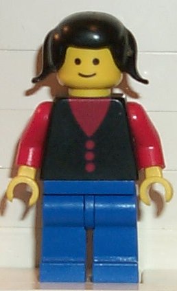 Shirt with 3 Buttons - Red, Red Arms, Blue Legs, Black Pigtails Hair