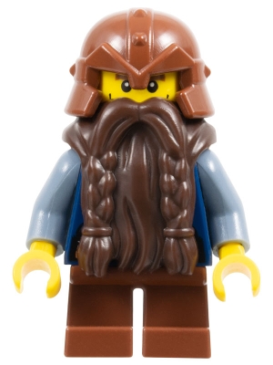 Fantasy Era - Dwarf, Dark Brown Beard, Reddish Brown Helmet with Studded Bands, Sand Blue Arms, Vertical Cheek Lines