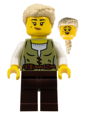 Carpenter - Female, Olive Green Vest, Dark Brown Legs, Tan Coiled Hair Ponytail