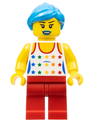 Musician - Female, White Top with Rainbow Stars, Red Legs, Dark Azure Ponytail and Swept Sideways Fringe, Blue Lips