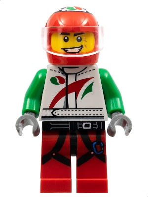 Race Car Driver, White Octan Racing Suit with Octan Logo, Black Leg Straps with Carabiner