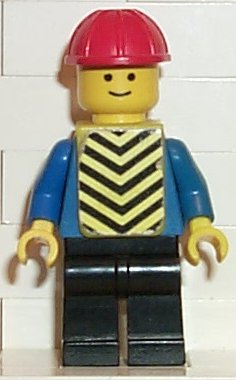 Plain Blue Torso with Blue Arms, Black Legs, Red Construction Helmet, Yellow Vest with Black Chevrons (Stickers)