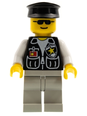 Police - Sheriff Star and 2 Pockets, Light Gray Legs, White Arms, Black Hat