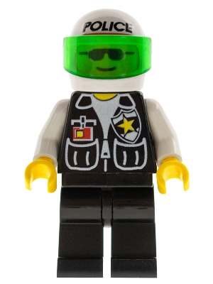 Police - Sheriff Star and 2 Pockets, Black Legs, White Arms, White Helmet with Police Pattern, Trans-Green Visor