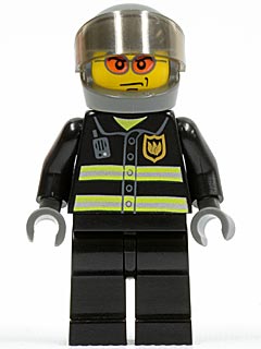 Fire - Reflective Stripes, Black Legs, Dark Bluish Gray Helmet, Trans-Brown Visor