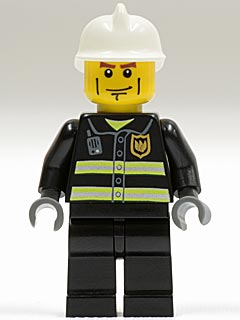 Fire - Reflective Stripes, Black Legs, White Fire Helmet, Cheek Lines, Dark Bluish Gray Hands