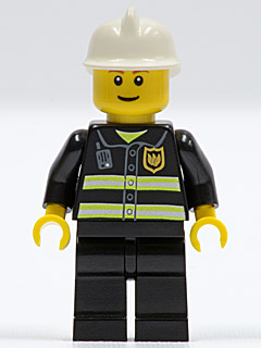 Fire - Reflective Stripes, Black Legs, White Fire Helmet, Thin Grin, Yellow Hands (Undetermined Eyebrows)