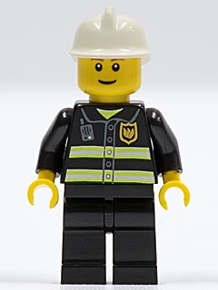 Fire - Reflective Stripes, Black Legs, White Fire Helmet, Reddish Brown Eyebrows, Thin Grin, Yellow Hands