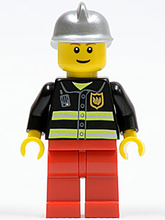 Fire - Reflective Stripes, Red Legs, Silver Fire Helmet, Brown Eyebrows, Thin Grin