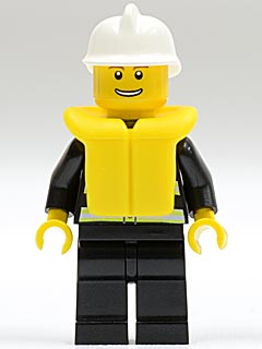 Fire - Reflective Stripes, Black Legs, White Fire Helmet, Thin Grin with Teeth, Life Jacket