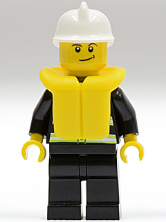 Fire - Reflective Stripes, Black Legs, White Fire Helmet, Crooked Smile, Life Jacket
