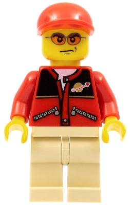 Red Jacket with Zipper Pockets and Classic Space Logo, Tan Legs, Red Short Bill Cap