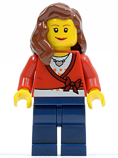 Sweater Cropped with Bow, Heart Necklace, Dark Blue Legs, Reddish Brown Female Hair over Shoulder