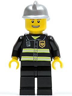 Fire - Reflective Stripes, Black Legs, Silver Fire Helmet, Thin Grin with Teeth