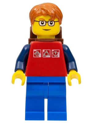 Red Shirt with 3 Silver Logos, Dark Blue Arms, Blue Legs, Dark Orange Short Tousled Hair, Red Eyebrows, Backpack