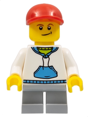 Child - Boy, White Hoodie with Medium Blue Pocket, Light Bluish Gray Short Legs, Red Cap
