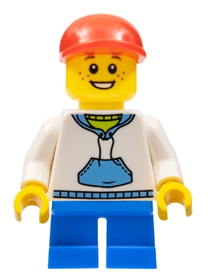 Child - Boy, White Hoodie with Medium Blue Pocket, Blue Short Legs, Red Cap, Freckles