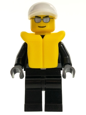 Police - City Leather Jacket with Gold Badge, White Short Bill Cap, Silver Sunglasses, Life Jacket