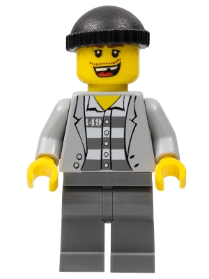Police - Jail Prisoner Jacket over Prison Stripes, Dark Bluish Gray Legs, Black Knit Cap, Missing Tooth