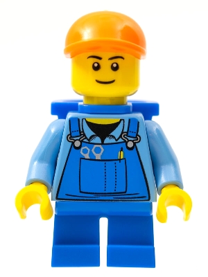Overalls with Tools in Pocket Blue, Orange Short Bill Cap, Blue Short Legs, D-Basket, Black Eyebrows