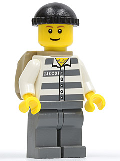 Police - Jail Prisoner 50380 Prison Stripes, Dark Bluish Gray Legs, Black Knit Cap, Thin Grin, Backpack (Undetermined Eyebrows)