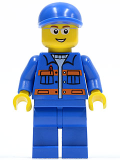 Blue Jacket with Pockets and Orange Stripes, Blue Legs, Blue Short Bill Cap, Glasses, Open Mouth Smile