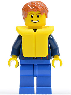 Plaid Button Shirt, Blue Legs, Dark Orange Short Tousled Hair, Yellow Life Jacket, Thin Grin with Teeth