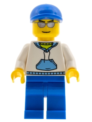 White Hoodie with Medium Blue Pocket, Blue Legs, Blue Short Bill Cap