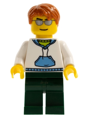 White Hoodie with Medium Blue Pocket, Dark Green Legs, Dark Orange Short Tousled Hair