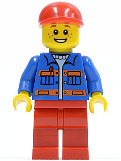Blue Jacket with Pockets and Orange Stripes, Red Legs, Red Short Bill Cap