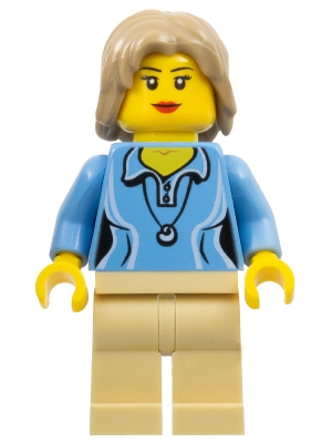 Medium Blue Female Shirt with Two Buttons and Shell Pendant, Tan Legs, Dark Tan Mid-Length Tousled Hair