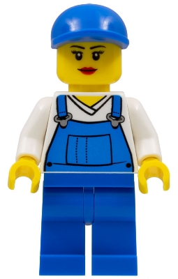 Overalls Blue over V-Neck Shirt, Blue Legs, Blue Short Bill Cap, Eyelashes and Smile