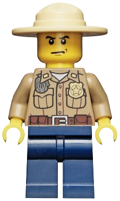 Forest Police - Dark Tan Shirt with Pockets, Radio and Gold Badge, Dark Blue Legs, Campaign Hat, Angry Eyebrows and Scowl, White Pupils