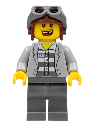Police - Jail Prisoner Jacket over Prison Stripes, Dark Bluish Gray Legs, Aviator Cap and Goggles, Missing Tooth