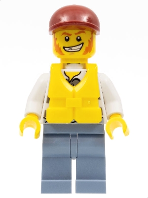 Police - Jail Prisoner Torn Overalls over Prison Stripes, Sand Blue Legs, Dark Red Short Bill Cap, Life Jacket Center Buckle