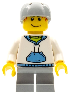 Child - Boy, White Hoodie with Medium Blue Pocket, Light Bluish Gray Short Legs, Light Bluish Gray Sports Helmet