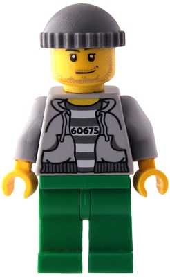Police - Jail Prisoner 60675 Hoodie over Prison Stripes, Green Legs, Dark Bluish Gray Knit Cap