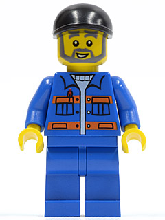 Blue Jacket with Pockets and Orange Stripes, Blue Legs, Black Short Bill Cap, Gray Beard