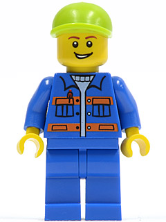 Blue Jacket with Pockets and Orange Stripes, Blue Legs, Lime Short Bill Cap, Open Grin