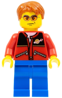 Red Jacket with Zipper Pockets and Classic Space Logo, Blue Legs, Dark Orange Short Tousled Hair, Orange Sunglasses
