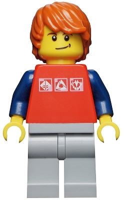 Red Shirt with 3 Silver Logos, Dark Blue Arms, Light Bluish-Gray Legs, Dark Orange Hair