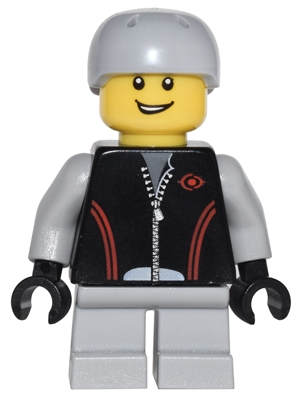 Leather Jacket with Zipper, Red Lines and Logo Pattern, Light Bluish Gray Short Legs, Light Bluish Gray Sports Helmet