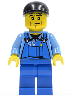Overalls with Tools in Pocket Blue, Black Short Bill Cap, Chin Dimple