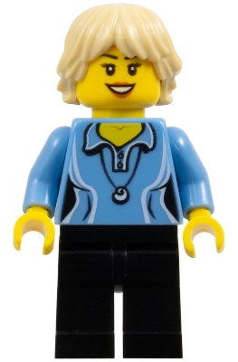Medium Blue Female Shirt with Two Buttons and Shell Pendant, Black Legs, Tan Tousled and Layered Hair