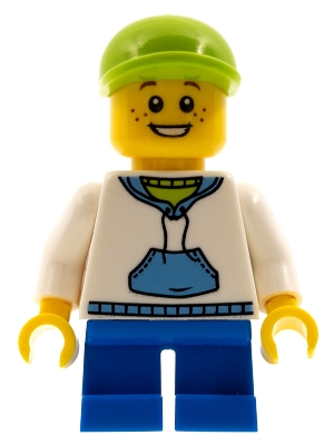 Child - Boy, White Hoodie with Medium Blue Pocket, Blue Short Legs, Lime Cap, Freckles