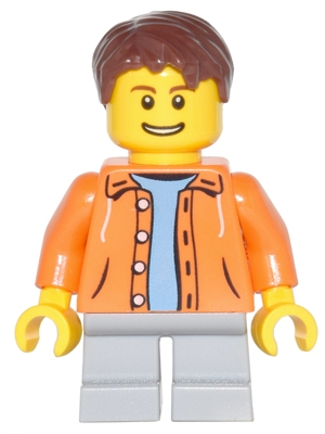 Orange Jacket with Hood over Light Blue Sweater, Light Bluish Gray Short Legs, Reddish Brown Short Tousled Hair