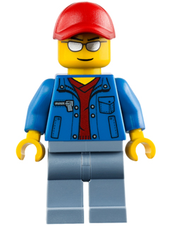 Blue Jacket over Dark Red V-Neck Sweater, Sand Blue Legs, Red Cap with Hole, Silver Sunglasses