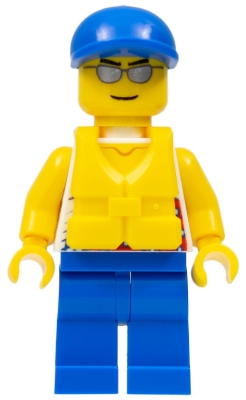 Tank Top with Surfer Silhouette, Blue Legs, Blue Short Bill Cap, Life Jacket Center Buckle, Silver Sunglasses