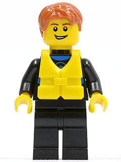 Wetsuit with Blue Sign, Black Legs, Dark Orange Short Tousled Hair, Life Jacket Center Buckle, Open Grin